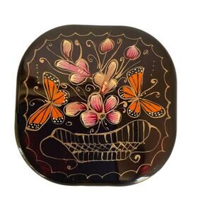 Hand-Painted Mexican Compact Mirror Monarch Butterfly Michoacán Gold Foil Art